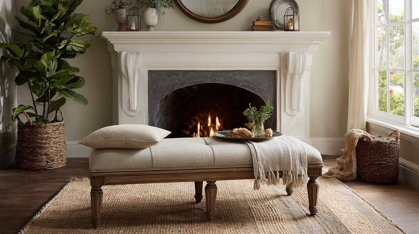 Upholstered French Bench by the Fireplace