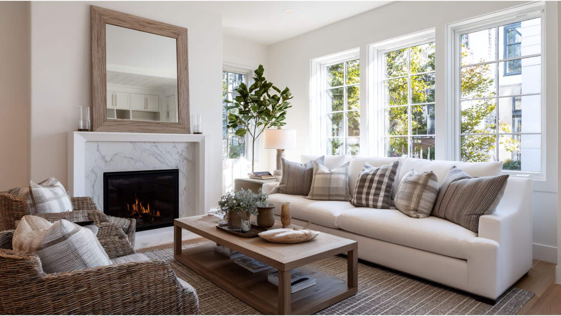 Modern bedroom with a gray sofa bed, cozy pillows, and a tray on an ottoman. Soft lighting and a large window enhance the space.
