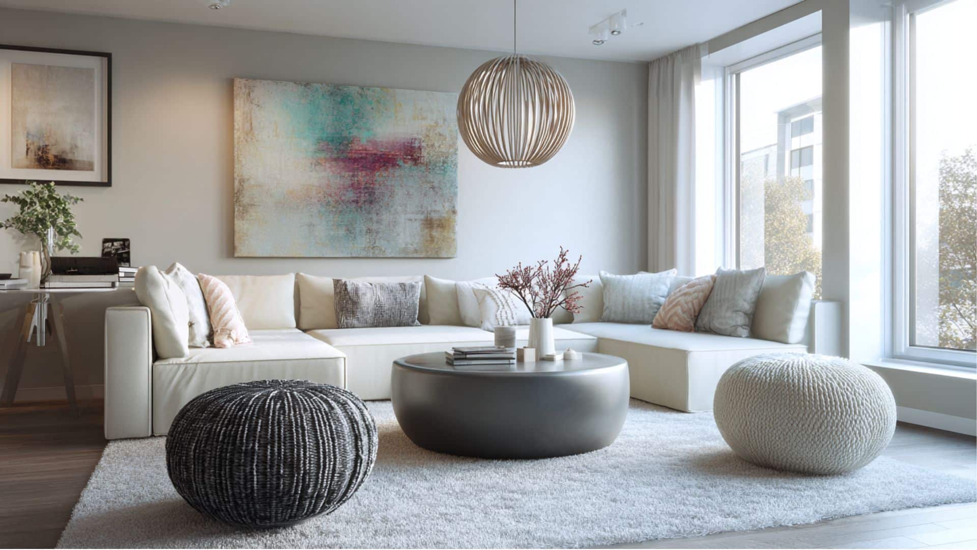 Modern living room with a white sectional sofa, round coffee table, abstract art, and large windows letting in natural light