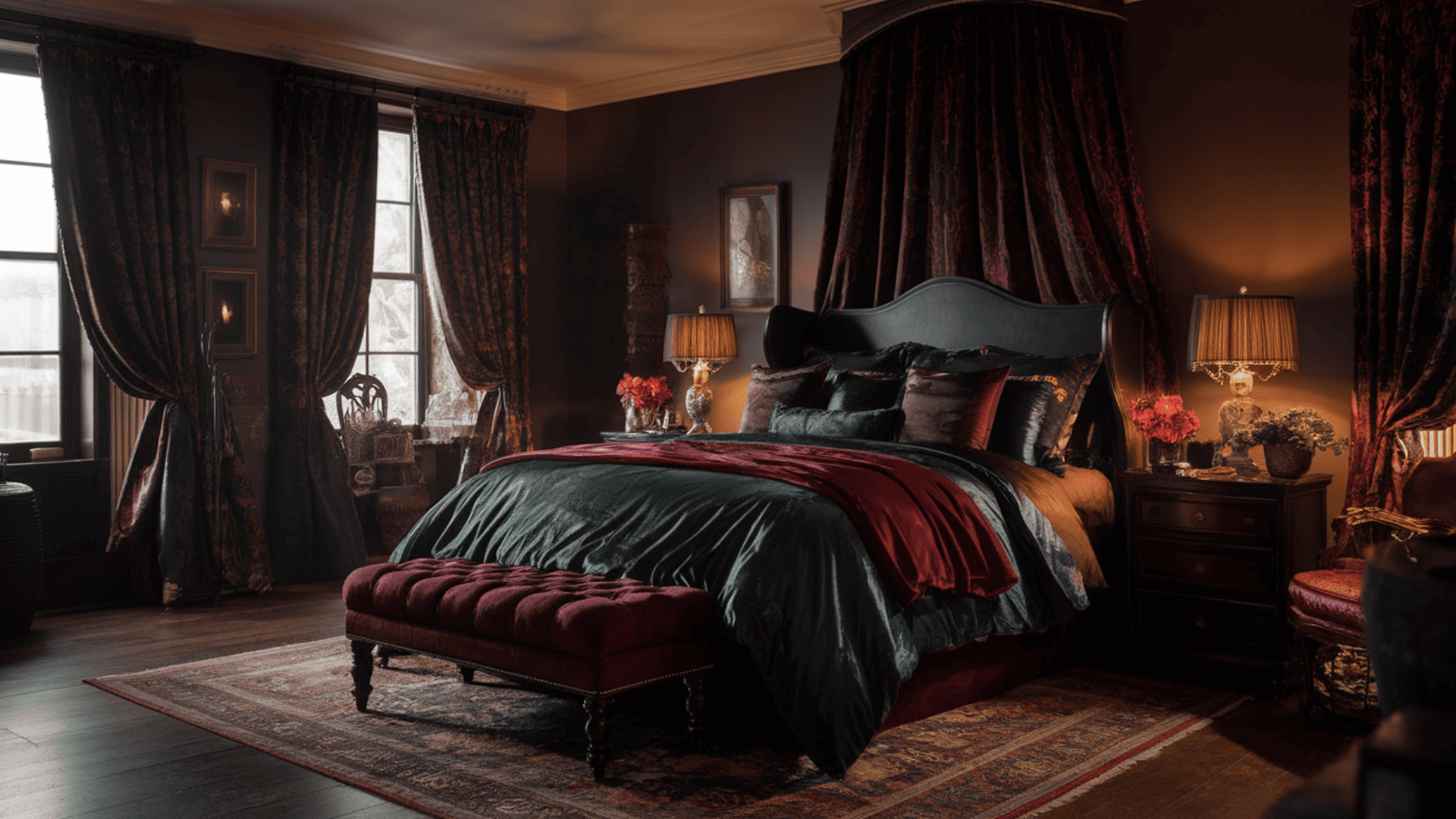 Velvet Bedding and Dark Wood Bed Frame