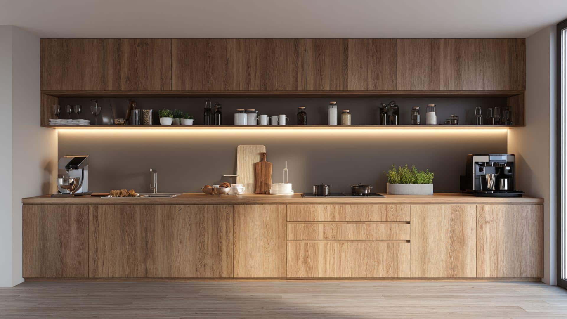Warm-toned Wood Kitchen with Under-shelf LED Lighting