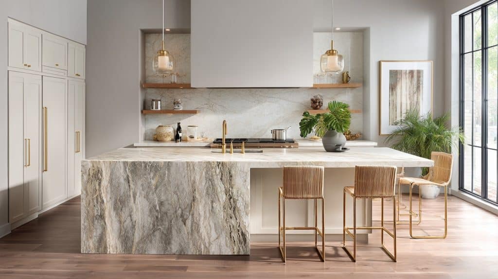 Waterfall Marble Island with Gold Fixtures