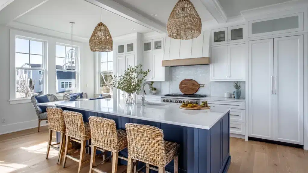 White Shaker Cabinets with Blue Island
