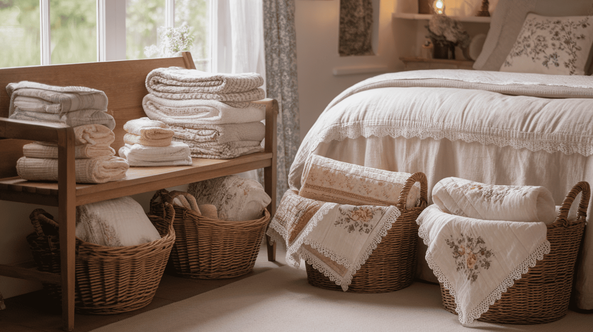 Wicker Baskets With Embroidered Linens
