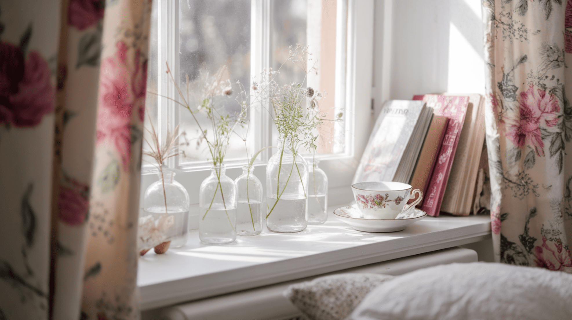 Windowsill With Wildflowers and Teacups