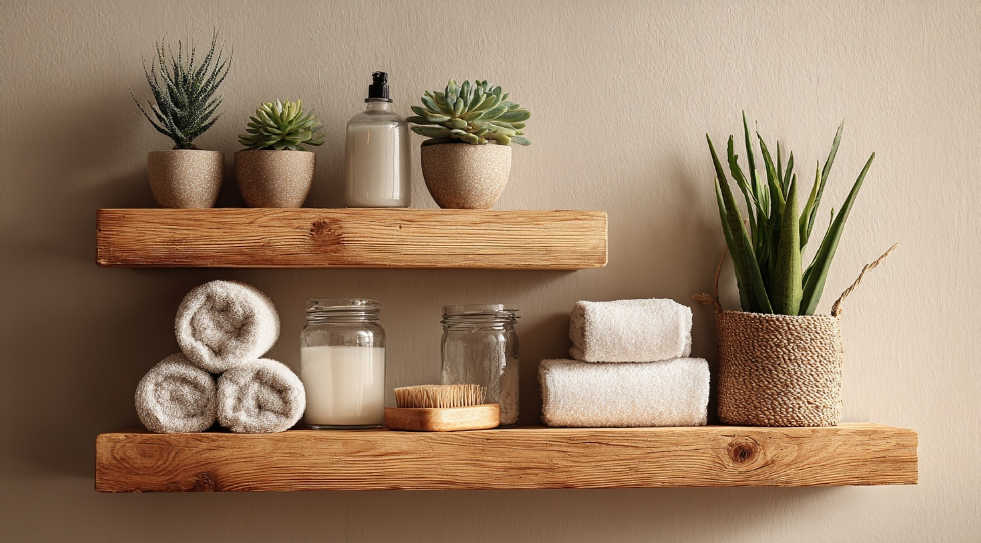 Wooden Open Shelves with Greenery
