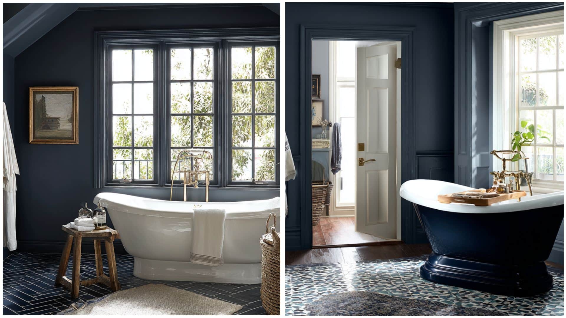 Elegant bathroom with navy walls, large windows, and a white freestanding tub. Wooden stool and basket add rustic charm