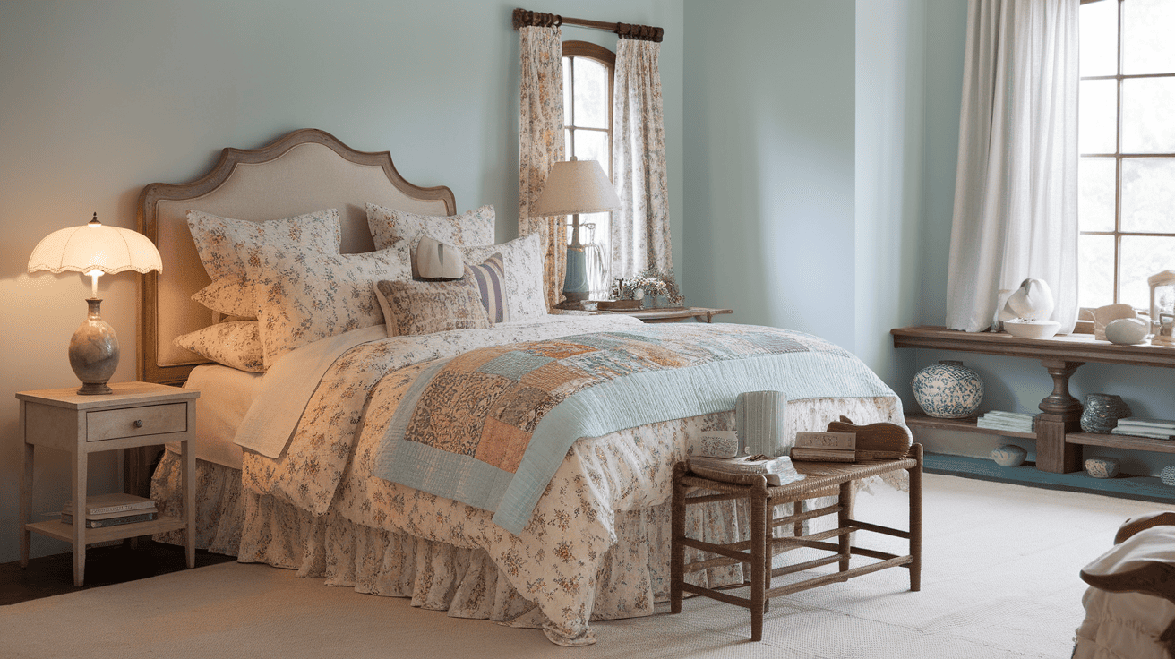Cozy bedroom with floral bedding, soft lighting, and wooden accents. Light blue walls and windows create a serene atmosphere