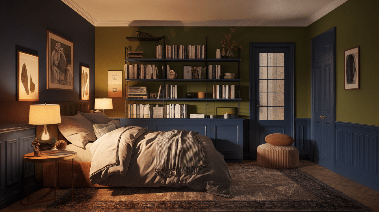 Cozy bedroom with a plush bed, warm lighting, art on navy walls, and a bookshelf filled with books against an olive accent wall.,