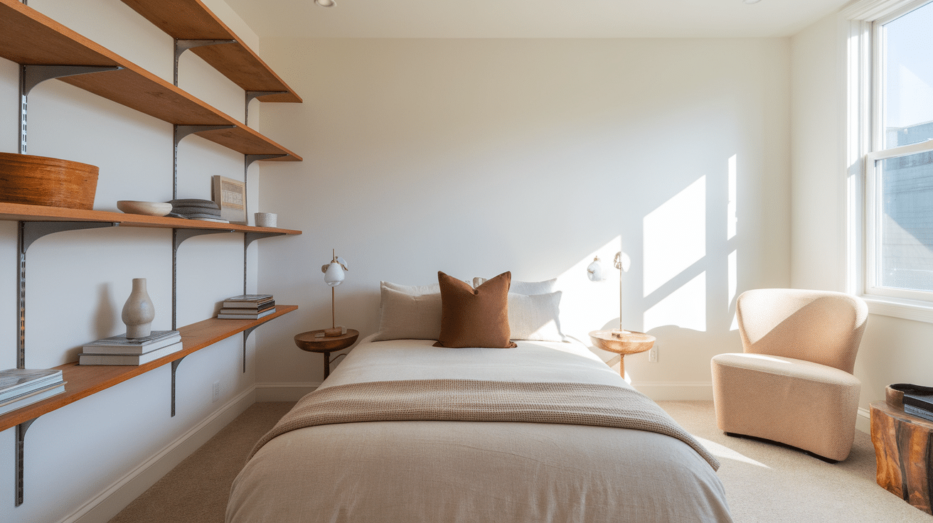 Minimalist bedroom with a cozy bed, wooden shelves, and a soft chair by a sunlit window, creating a warm, inviting space.,