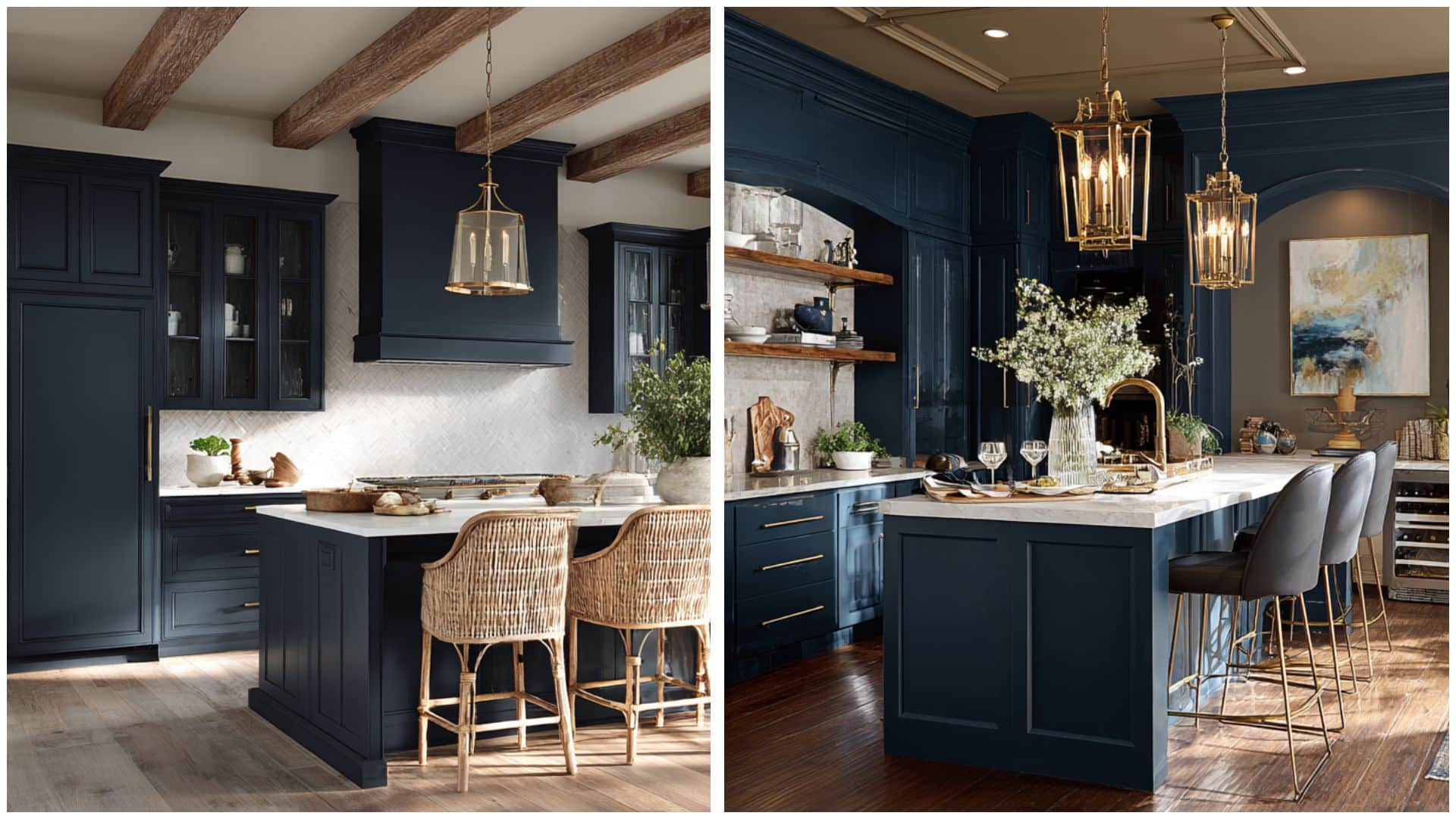 Elegant kitchen with navy cabinets, marble countertops, gold pendant lights, and wooden beams, creating a cozy, modern vibe