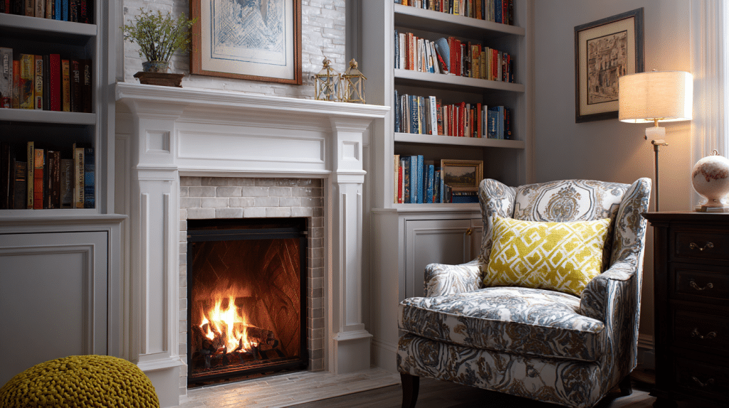 library by fireplace