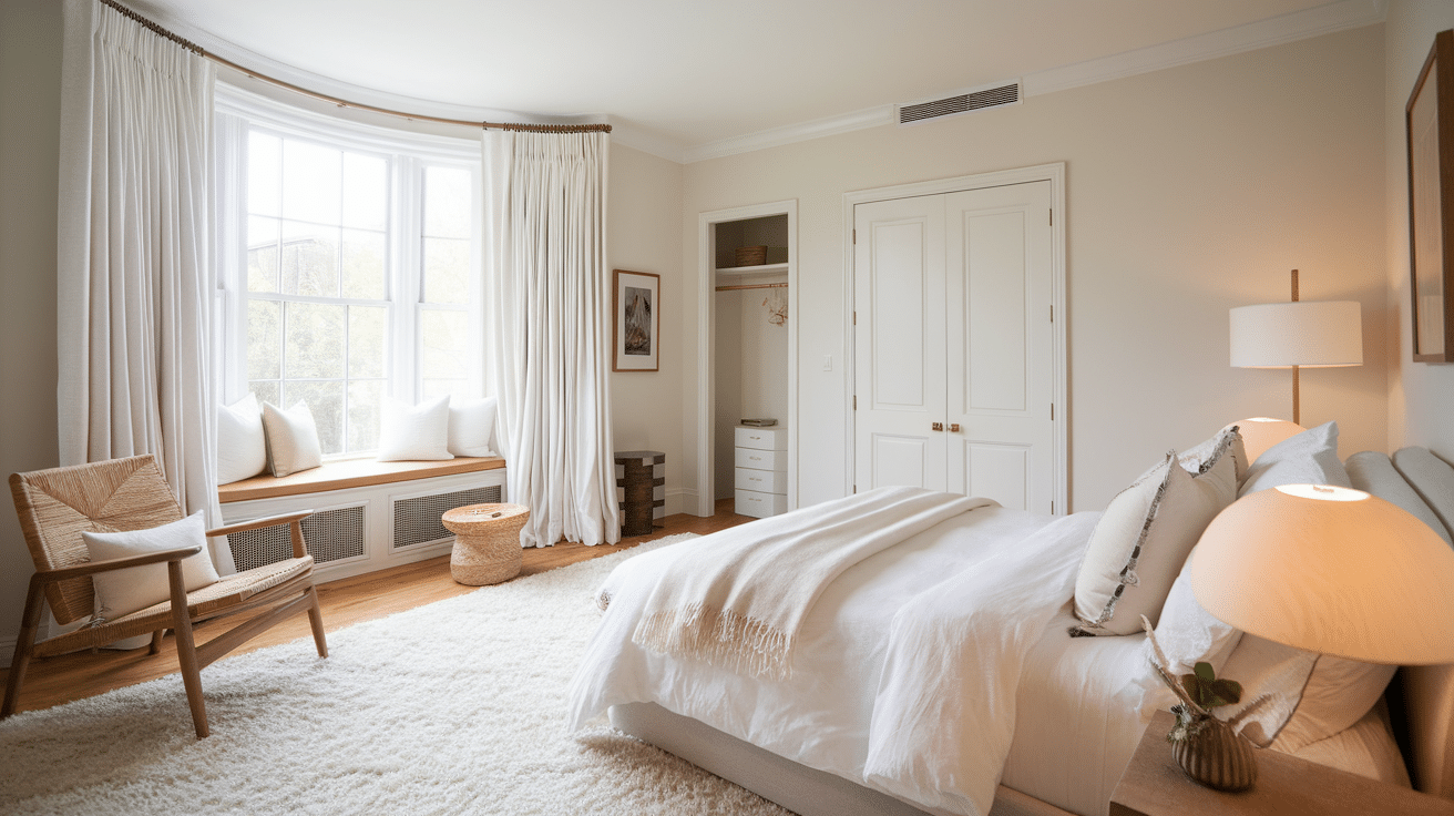 Bright bedroom with a cozy bed, soft rug, and a window seat with cushions. Natural light fills the space, creating warmth.