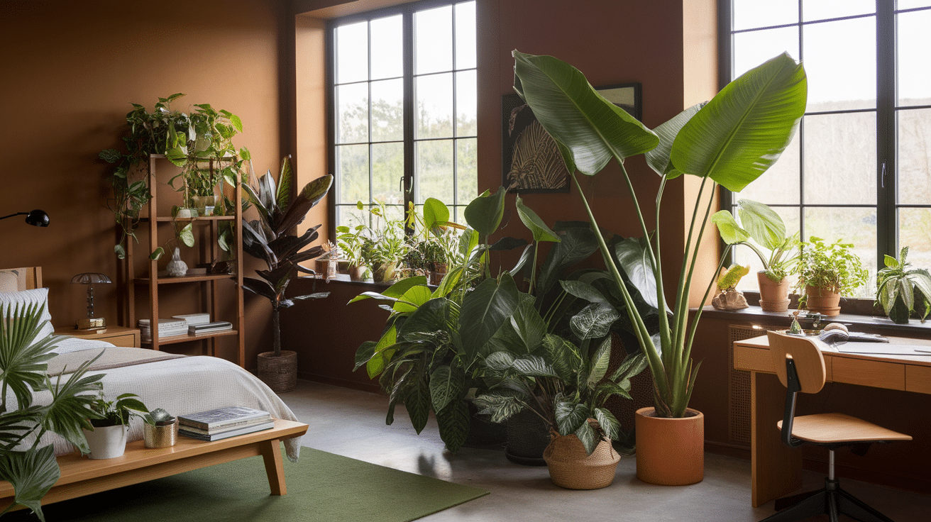 Cozy bedroom with large windows, filled with lush green plants, a wooden bed, and a desk, creating a serene, natural vibe.,