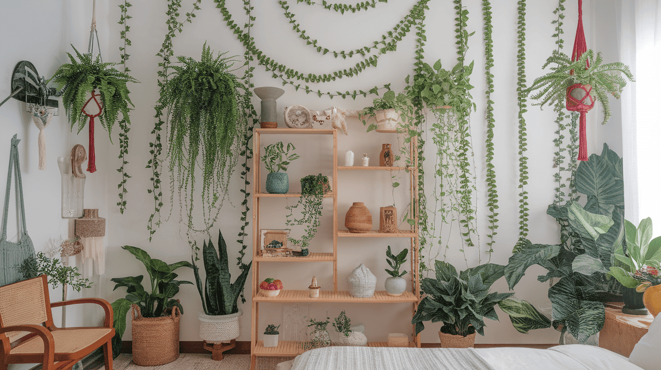 A cozy room with lush hanging plants, wooden shelves, and a wicker chair, creating a serene, natural atmosphere.