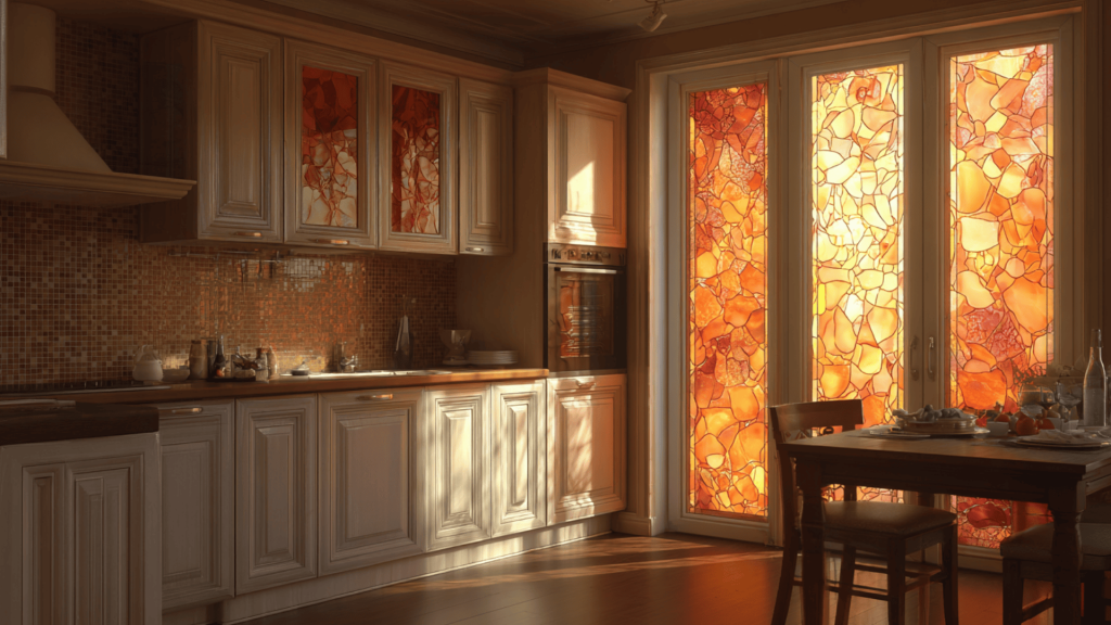 colored glass panels and windows