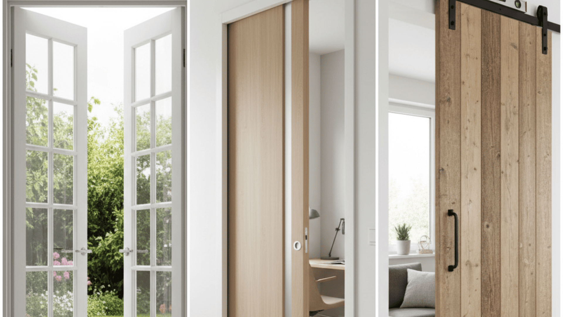 Three door styles: French doors open to a garden, a sliding door reveals an office, and a rustic barn door leads to a cozy room.