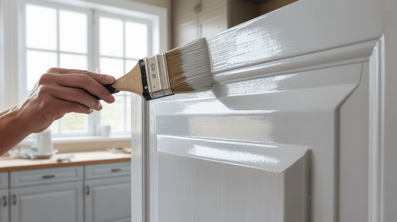 A hand paints a white door with a brush in a bright kitchen, sunlight streaming through the window, highlighting the glossy finish.