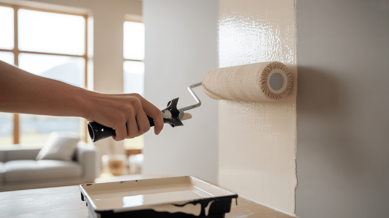 A hand uses a roller to paint a wall beige in a bright room with a sofa and large windows, creating a fresh, modern look.