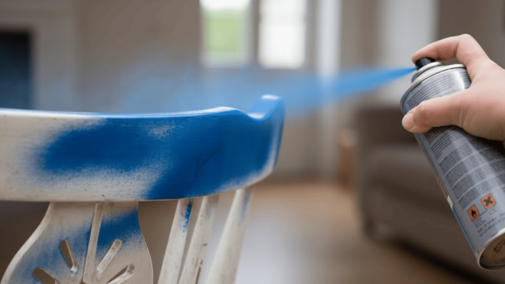 Hand sprays blue paint onto a white chair with an aerosol can