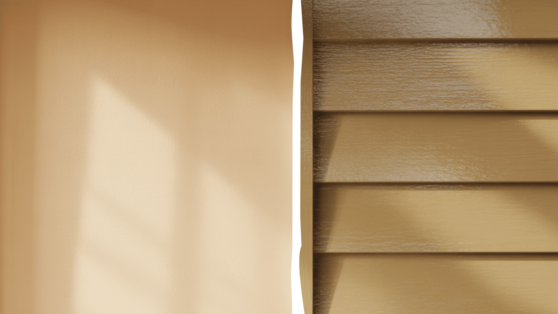 Smooth beige wall and textured tan siding, both in sunlight, divided by a white line, creating a contrast of textures.