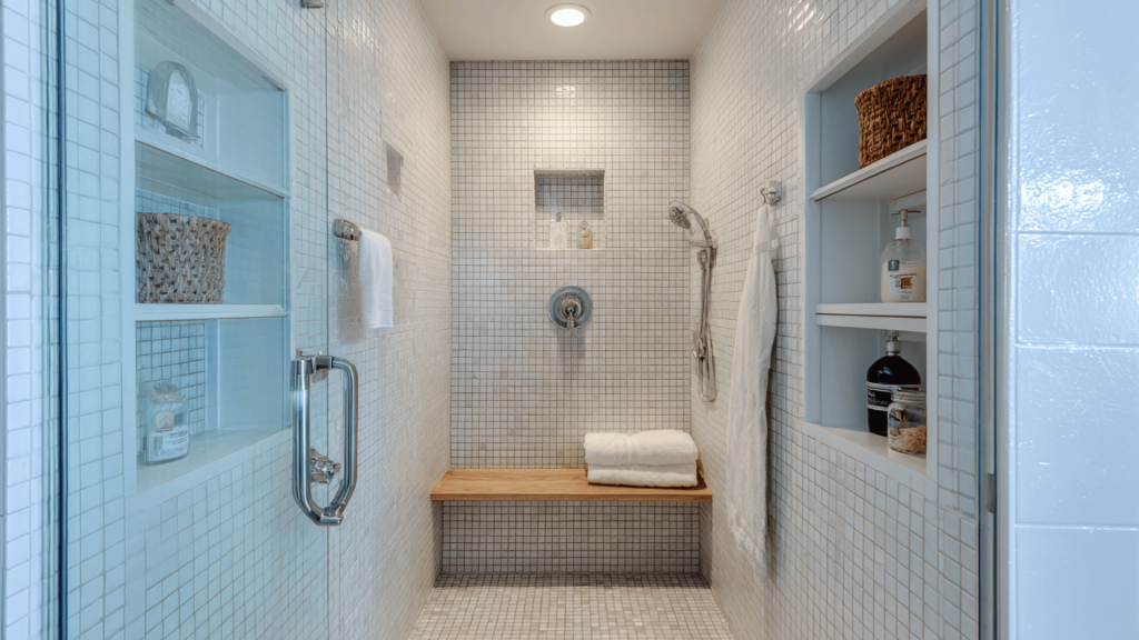 alcove shower with recessed storage