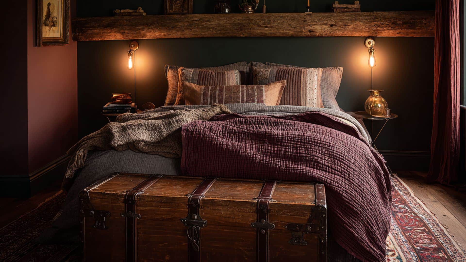 antique trunk at the foot of the bed