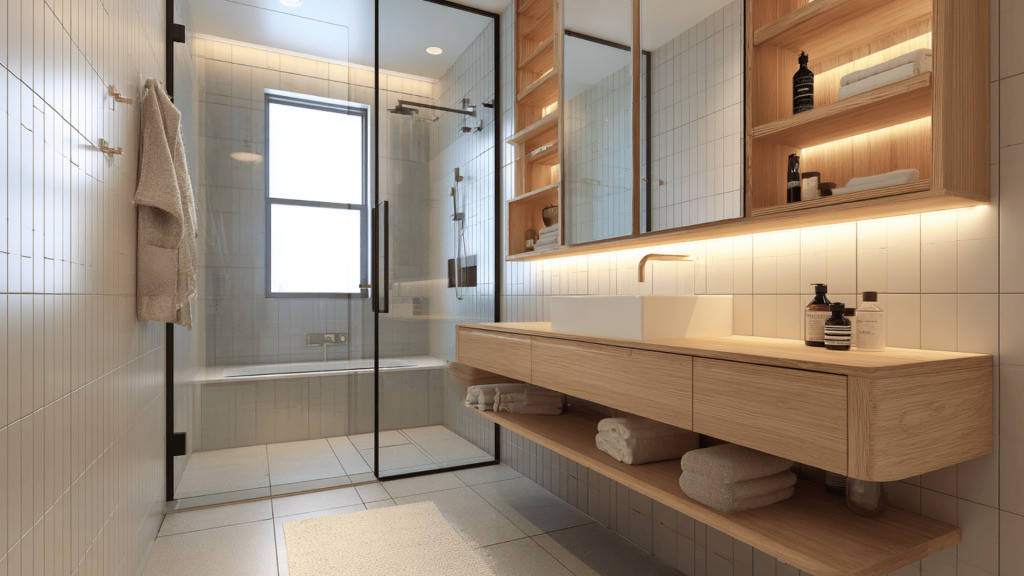 floating vanity with built in shower