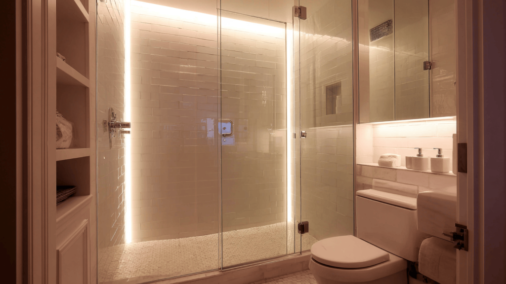frameless shower with light fixtures