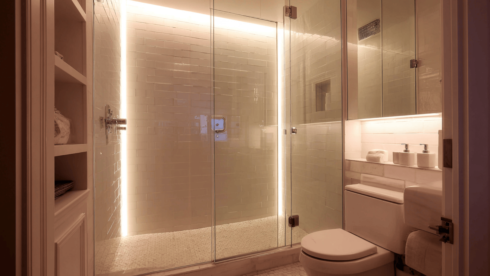 frameless shower with light fixtures