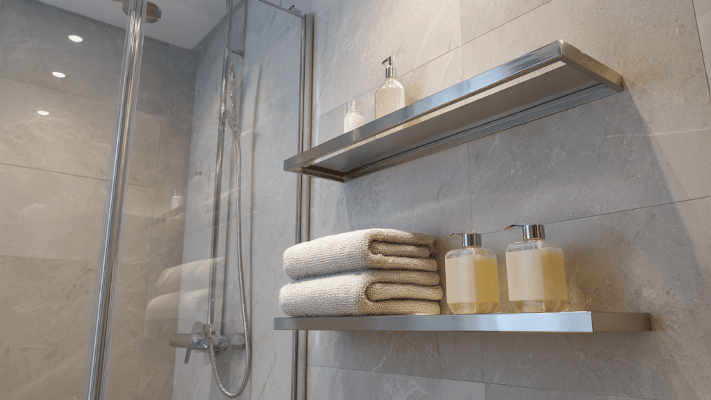 minimalist floating shelves in shower