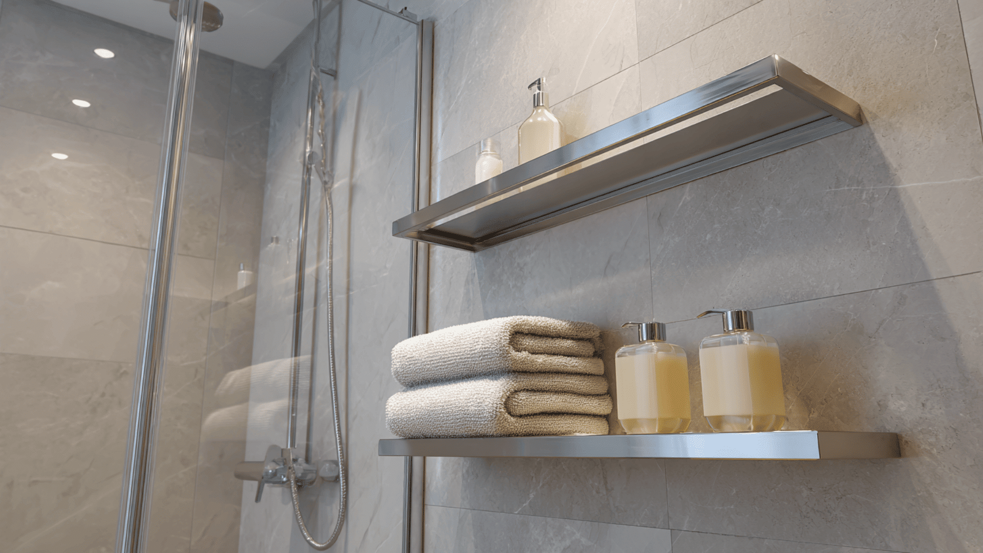 minimalist floating shelves in shower