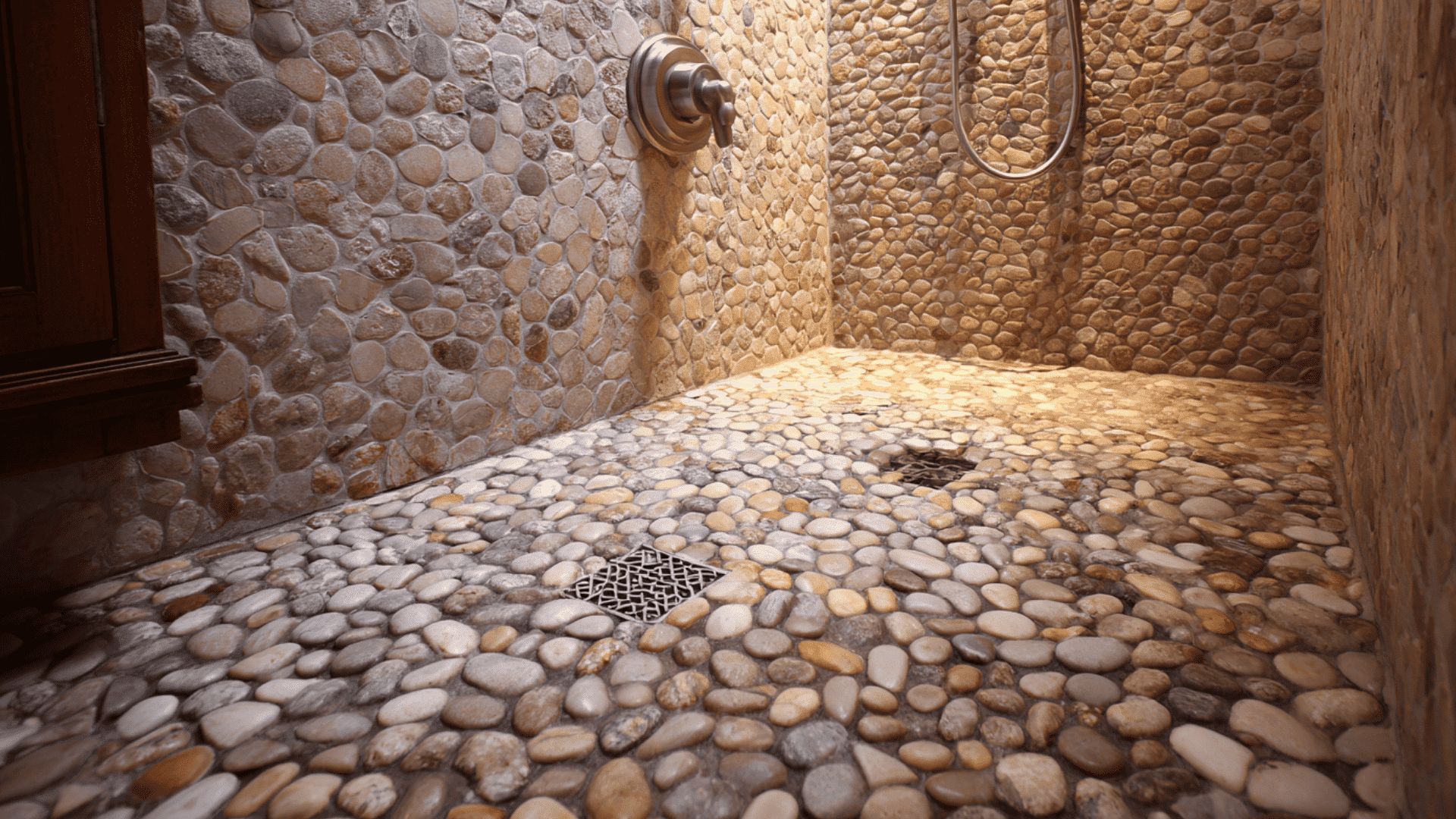 shower floor with pebble tiles