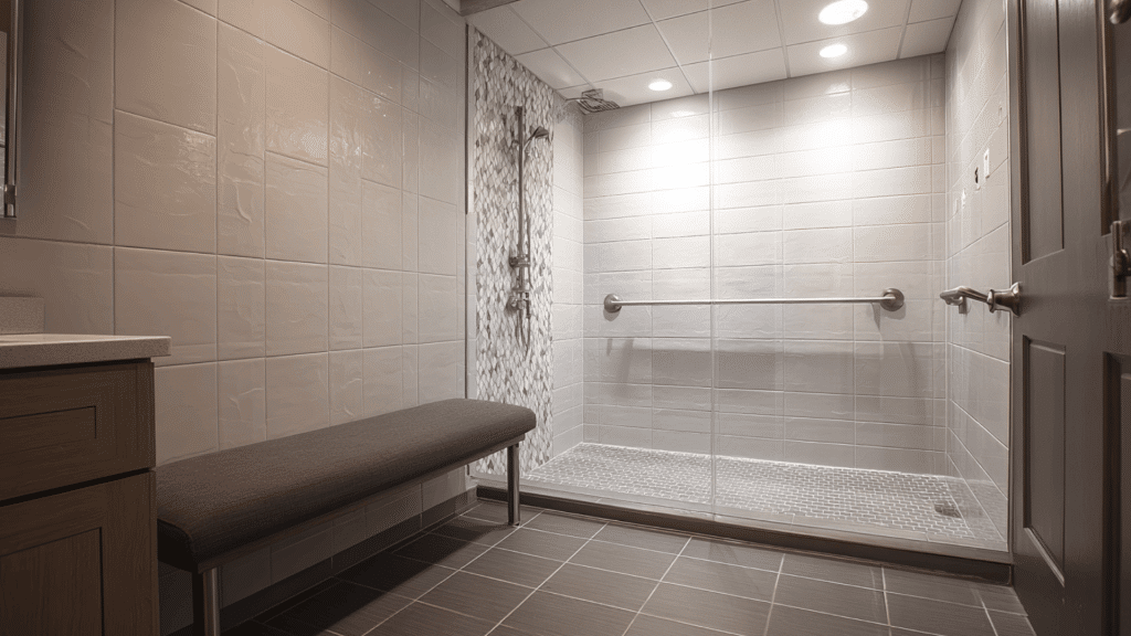 shower with bench and handrail