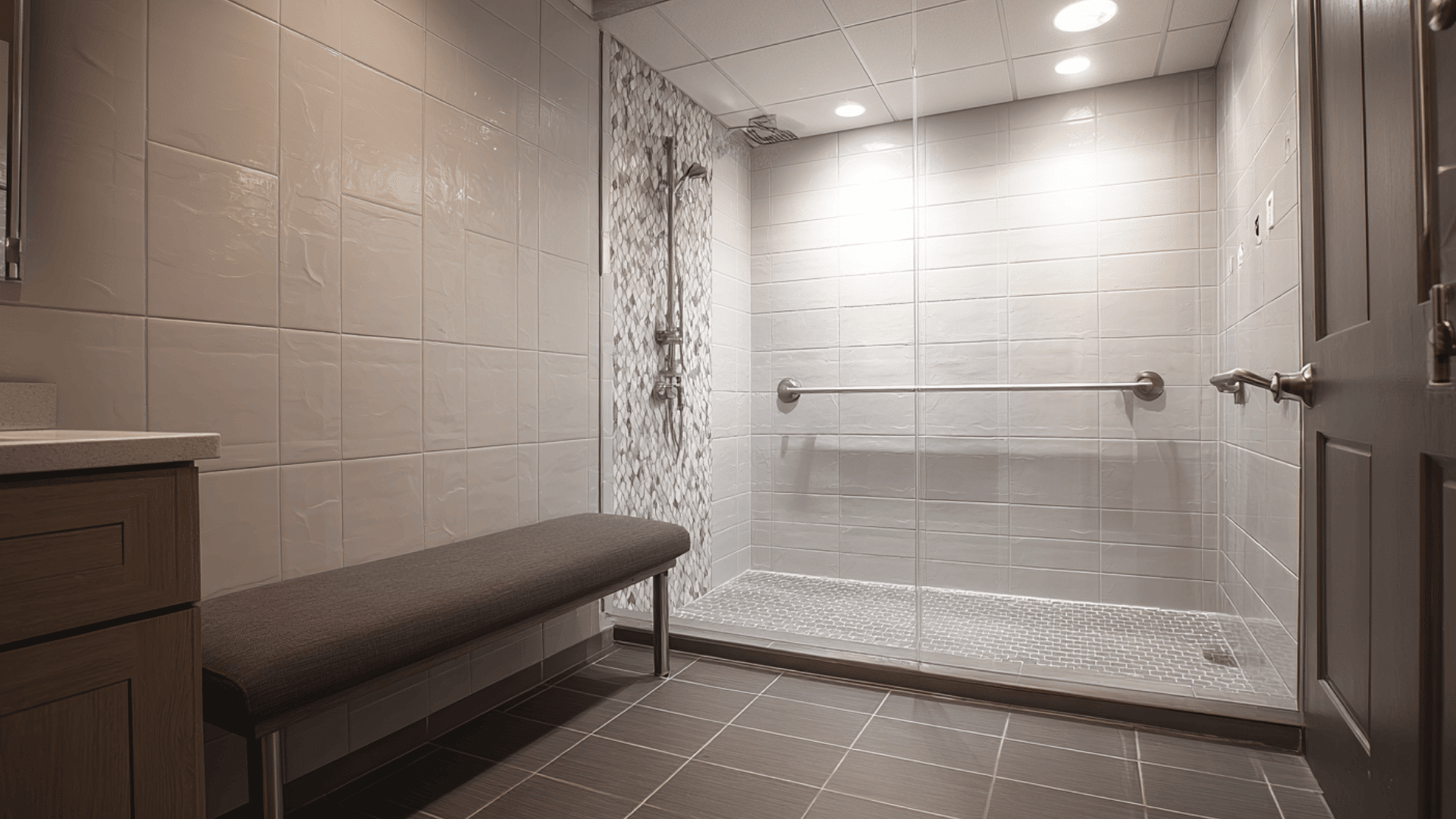 shower with bench and handrail