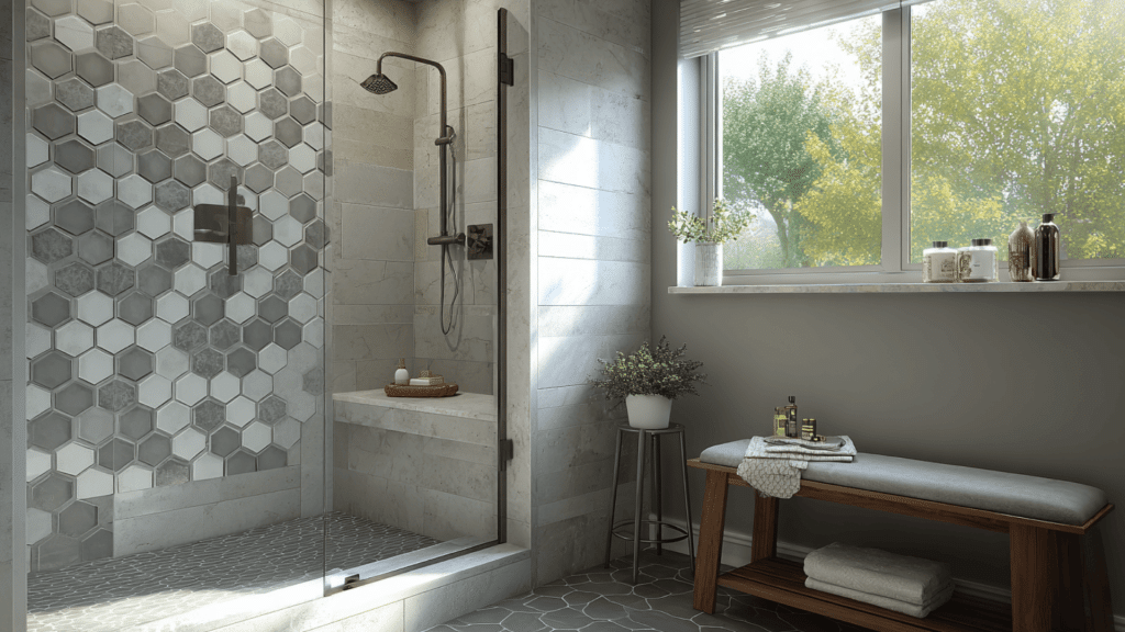 shower with hex tile accent