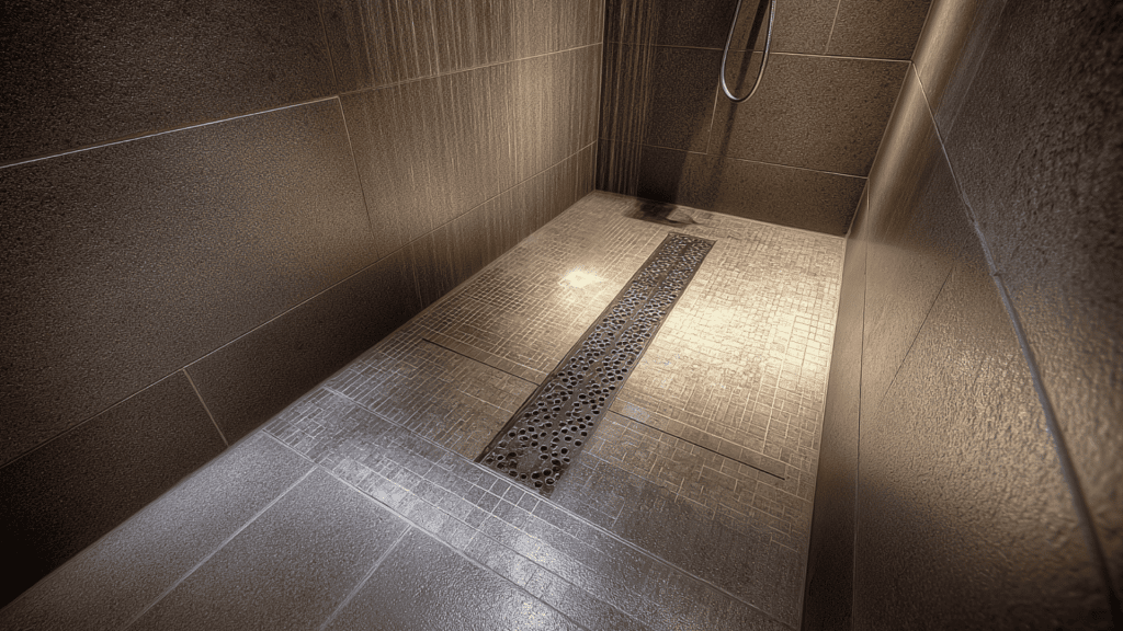 wet room style shower with drain on floor
