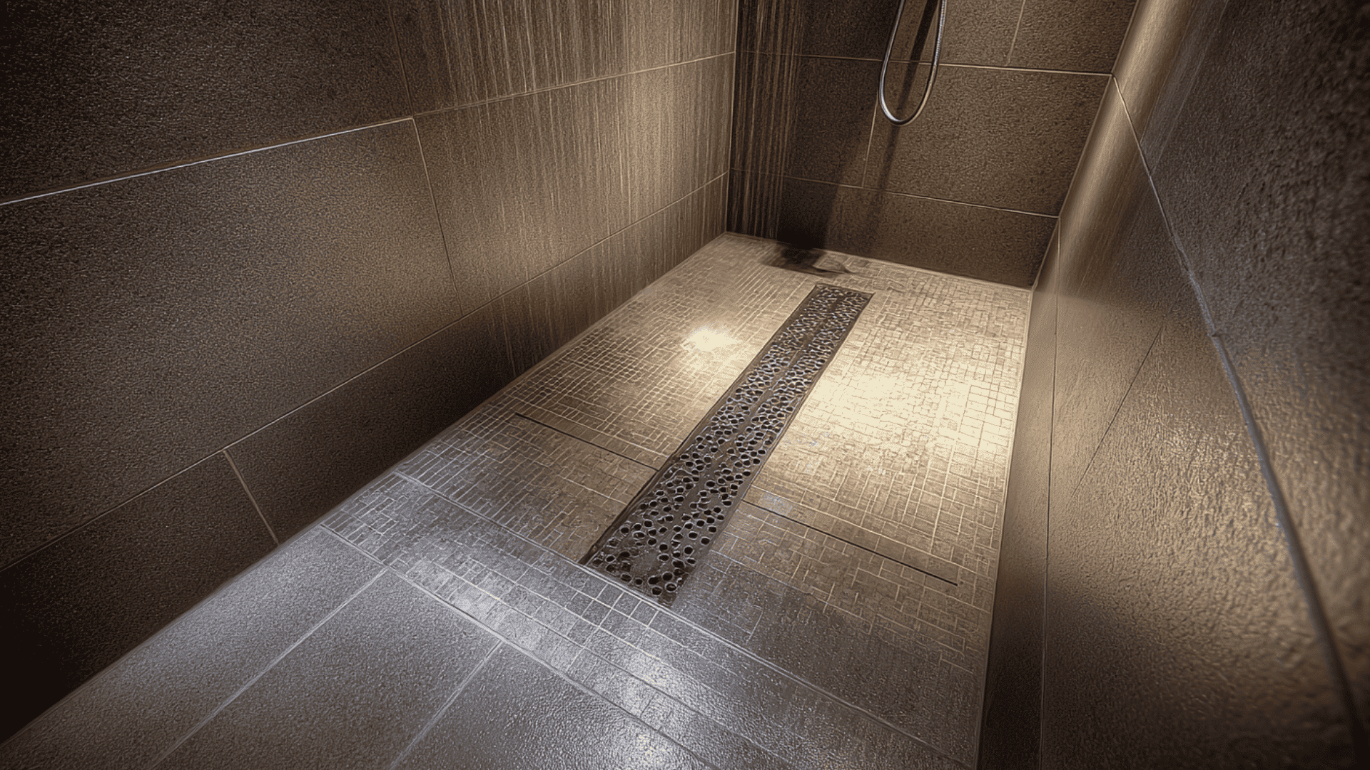 wet room style shower with drain on floor