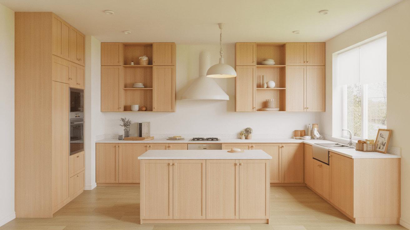 light oak cabinet with white wall
