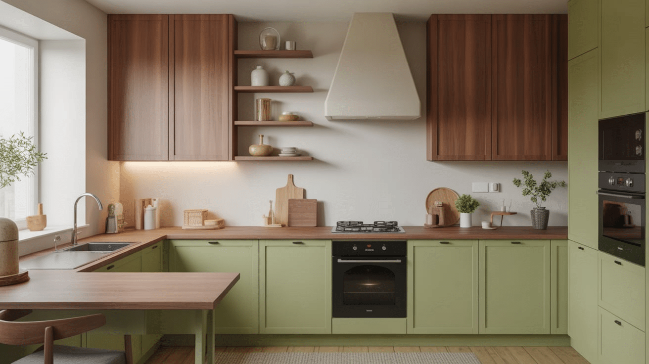 mixed green wood cabinet