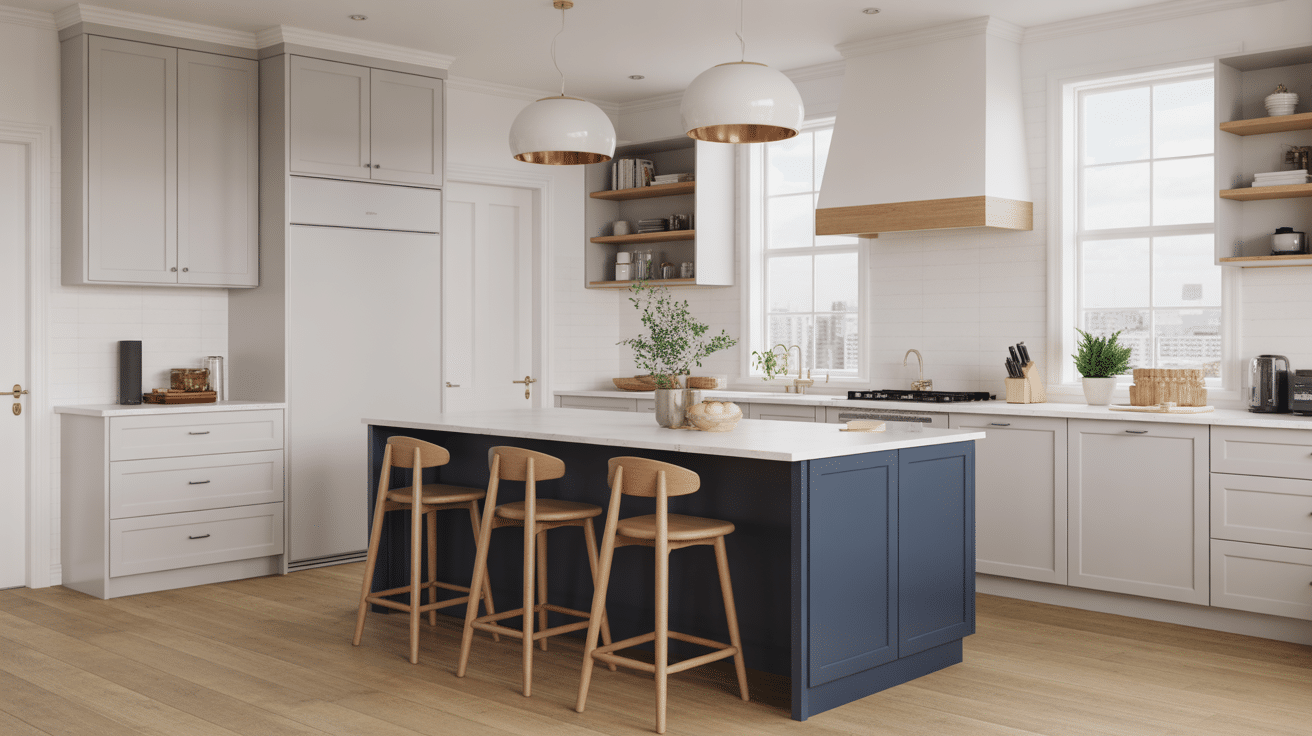 navy island with mostly white kitchen
