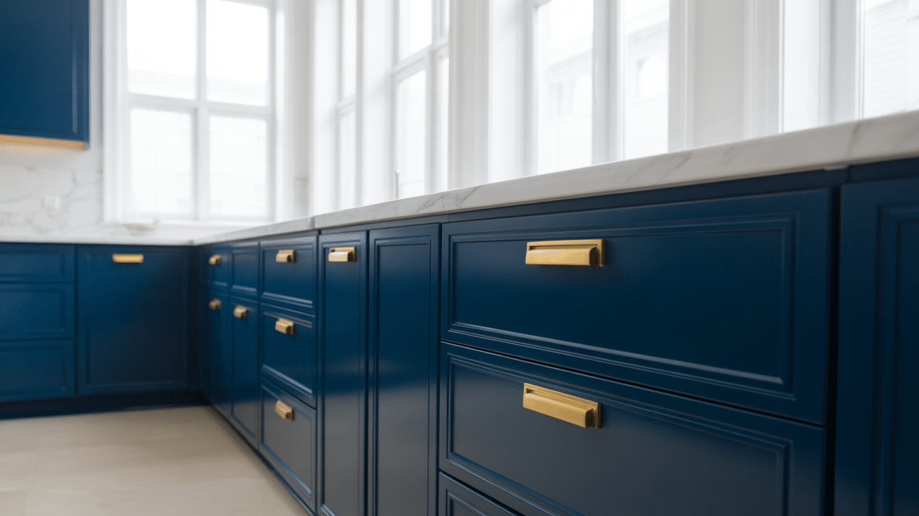 navy with warm metal cabinet