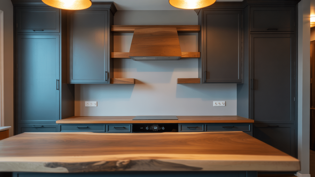 soft black cabinet with wood accent