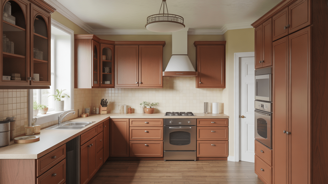 warm brown cabinets with cream wall
