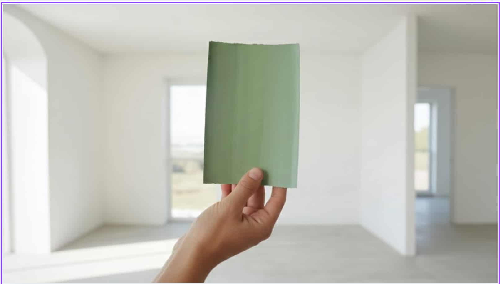 A hand holds a paint sample of healing aloe green in front of a spacious room with white walls and natural light
