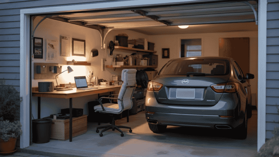 a cozy garage office with a desk, chair, and shelves, alongside a parked car, illuminated with warm light