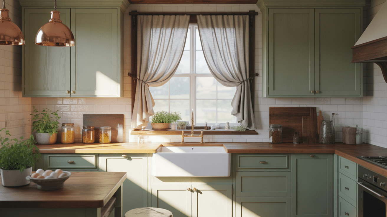 a cozy kitchen farmhouse sink
