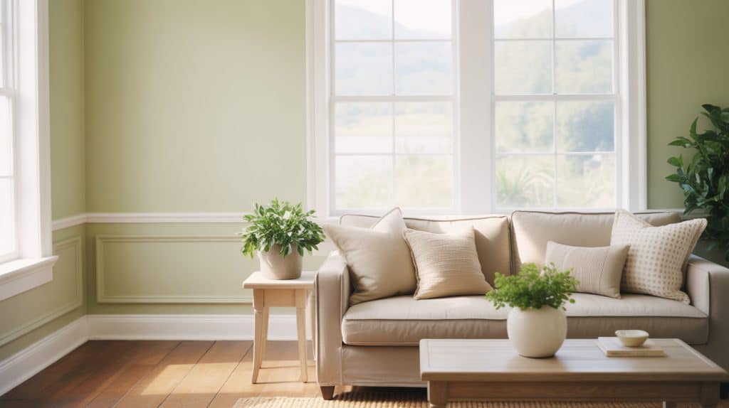 a cozy living room with soft green walls, a neutral sofa, wooden furniture, and plants basking in natural light