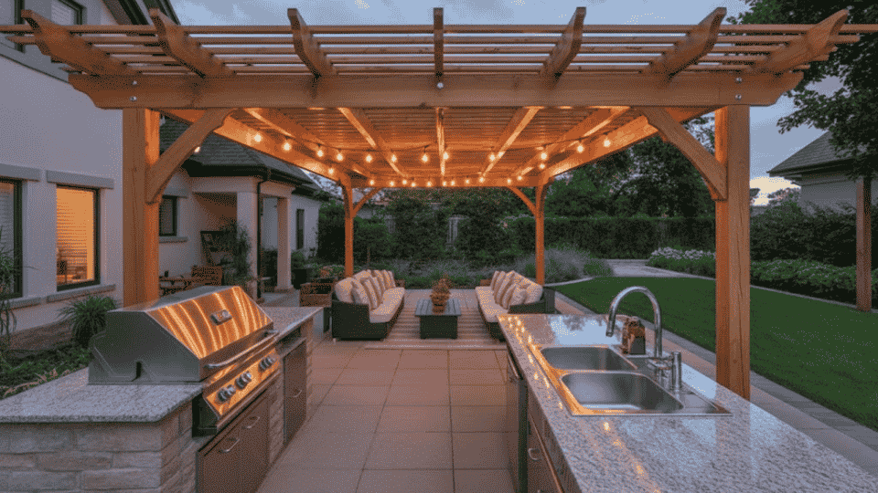 a cozy outdoor kitchen with a wooden pergola, string lights, comfortable seating, and a grill for evening gatherings
