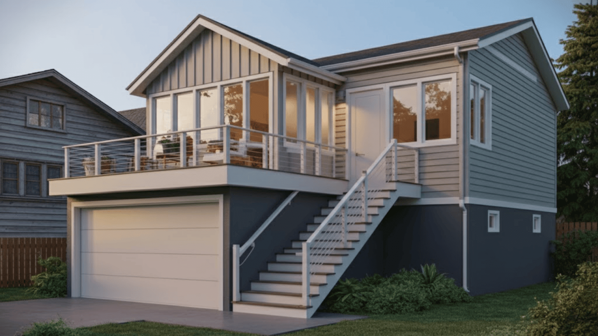 _a modern house with a garage below, stairs leading to a balcony, and large windows, surrounded by greenery